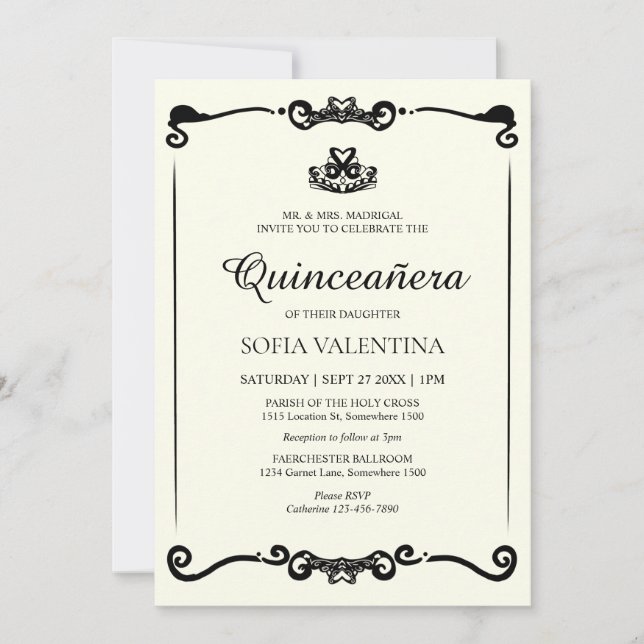 Invitación Clásica marfil negro tiara Quinceanera (Anverso)