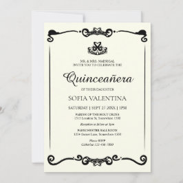 Invitación Clásica marfil negro tiara Quinceanera