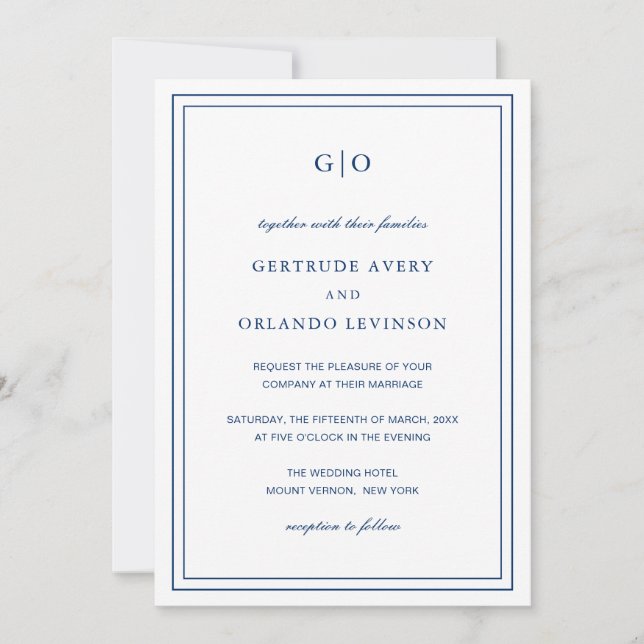 Invitación Clásica Marina Azul Código QR Boda Elegante (Anverso)