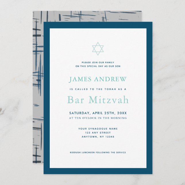 Invitación Clásica Marina Azul y Bar Gris Mitzvah (Anverso / Reverso)