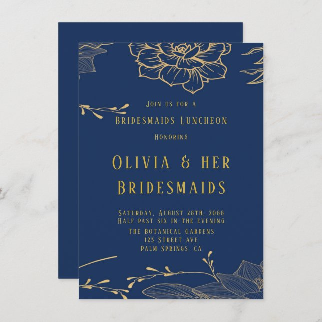 Invitación Clásica Marina Oro Azul Rachel Bridesmaids Luncheo (Anverso / Reverso)