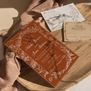 Invitación Clásica Naranja Quemada Floral Boho Terracota Boda