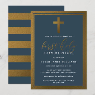 Invitación Clásica Oro y Marina Azul Primera Comunión Santa
