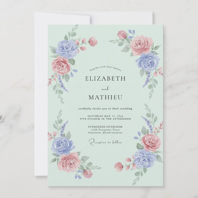 Invitación Clásica Peonía Celadón de Centaurea Nupcial (Anverso)