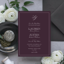 Invitación Clásica Pluma Púrpura Caligrafía Monograma Boda