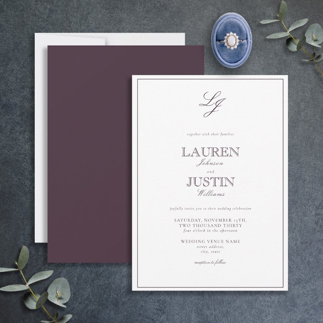 Invitación Clásica Pluma Púrpura Caligrafía Monograma Boda (Subido por el creador)
