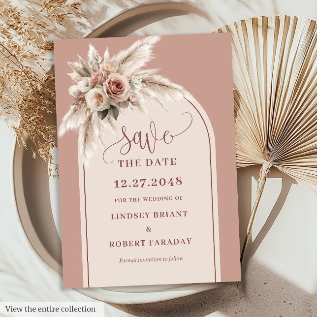 Invitación clásica rosa boho floral arqueada para  (Classic Pink Boho Floral Arch Save the Date Invite)