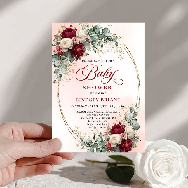 Invitación Clásica Rústica de Floral Rojo Profundo (Classic Rustic Deep Red Floral Baby Shower Invite)