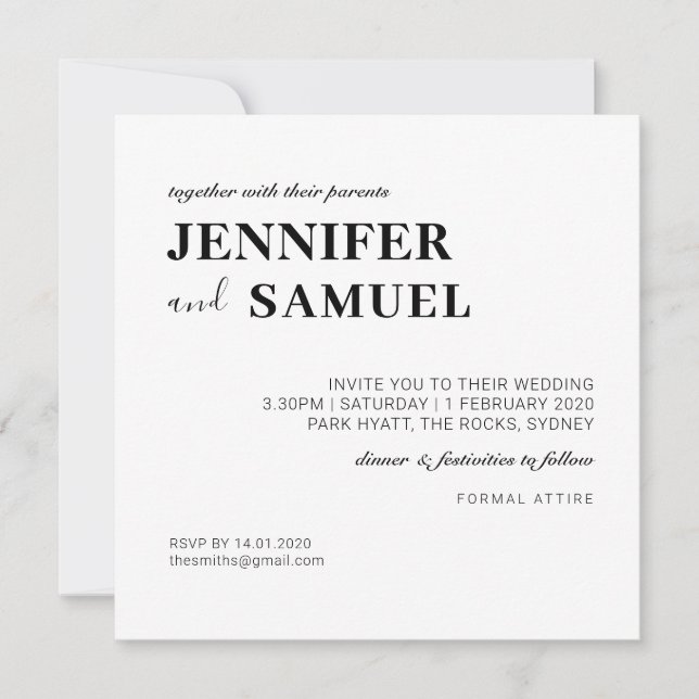 Invitación clásica simple a la boda blanca y negra (Anverso)