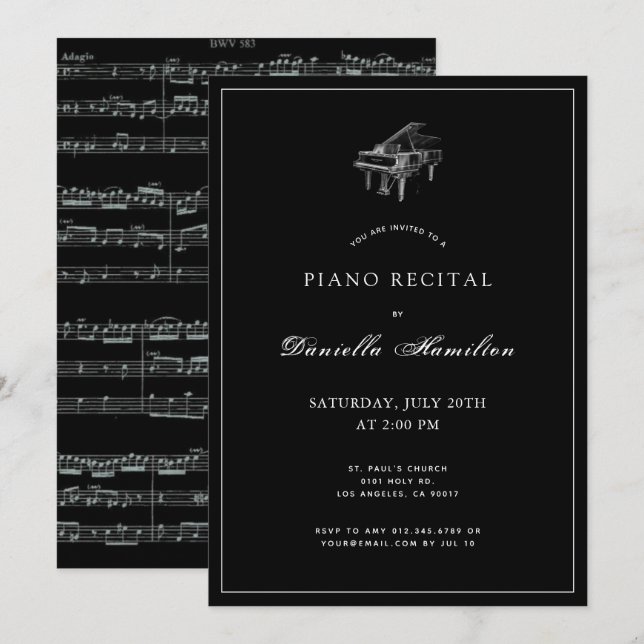Invitación clásica simple de piano negro (Anverso / Reverso)