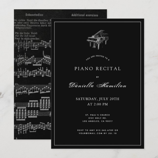 Invitación clásica simple de piano negro (Anverso / Reverso)