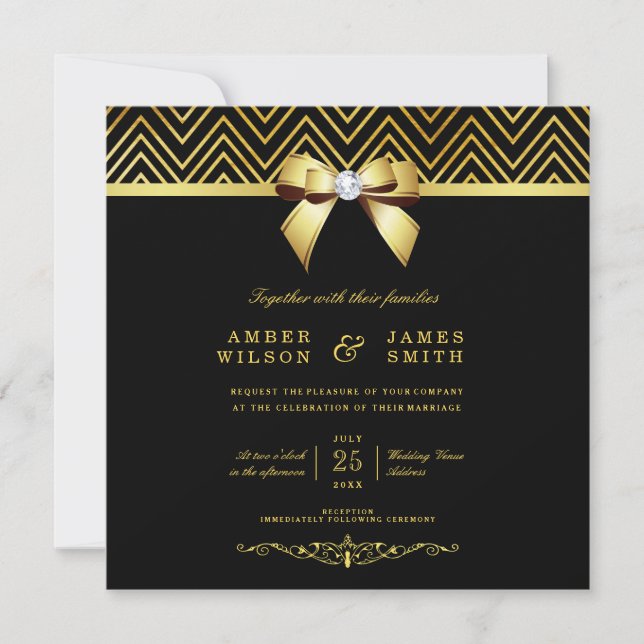 Invitación Clásicas Chevrons de Oro Negro Boda de Bow de Diam (Anverso)