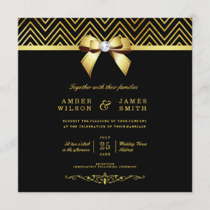 Invitación Clásicas Chevrons de Oro Negro Boda de Bow de Diam