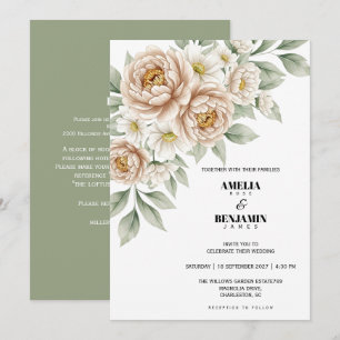Invitación Clásicas flores de beige suave verde de boda