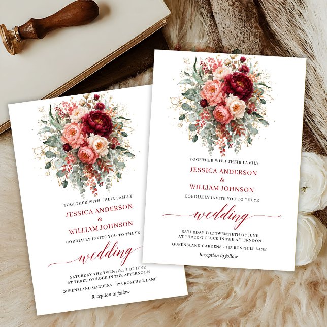 Invitación Clásicas Flores de Marsala Verde Otoño Boda Invi (Classic Marsala Flowers Greenery Fall Wedding Invite

)