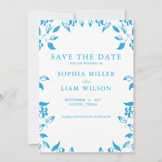 Invitación clásicas flores silvestres azules boda guardar la  (Anverso)