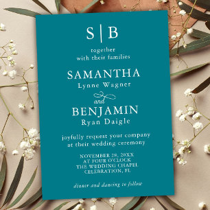 Invitación Clásicas iniciales de monograma teal de boda