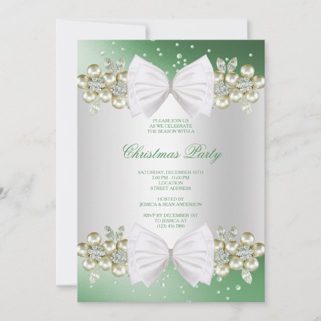 Invitación Clásicas joyas y lazo verde Navidad (Anverso)