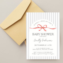 Invitación Clásicas Rayas Grises con Listón Rojo para Baby Sh