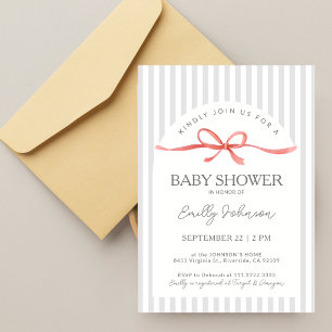 Invitación Clásicas Rayas Grises con Listón Rojo para Baby Sh