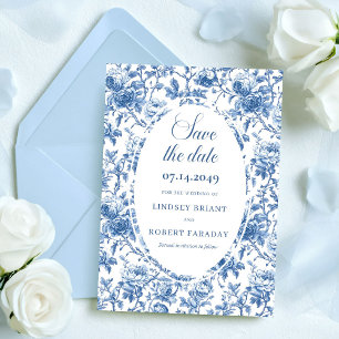 Invitación Clásicas Rosas Azules Toile Salva la Fecha Boda