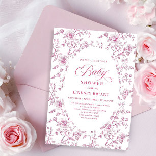 Invitación Clásicas Rosas Rosadas y Blancas Toile Shower de B