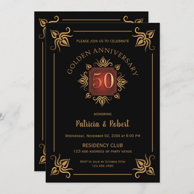 Invitación Clásico  50 Aniversario de Boda Negro y Dorado (Anverso / Reverso)