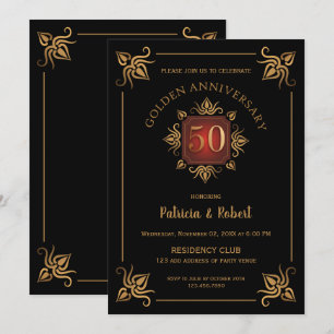Invitación Clásico 50 Aniversario de Boda Negro y Dorado