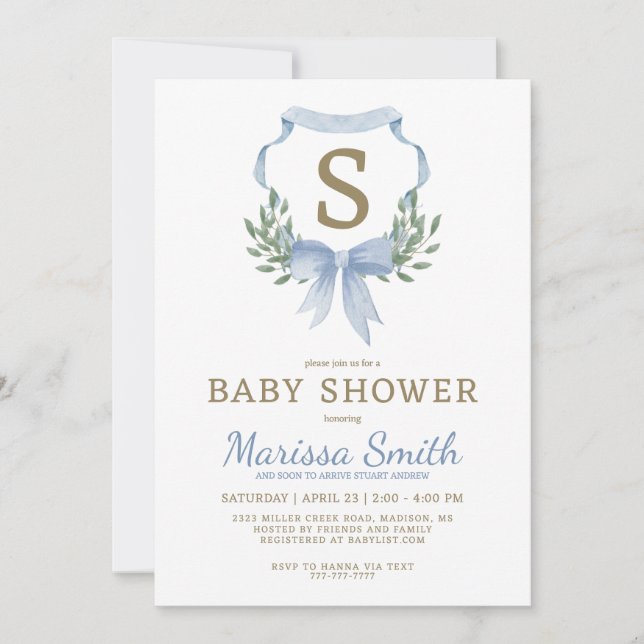 Invitación Clásico acuarela Monograma Boy Baby Shower (Anverso)