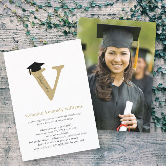 Invitación Clásico Alfabeto Monograma V Foto Fiesta de Gradua