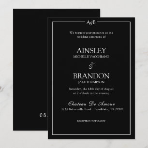 Invitación Clásico Ampersand Monograma Minimalista Negro Blan