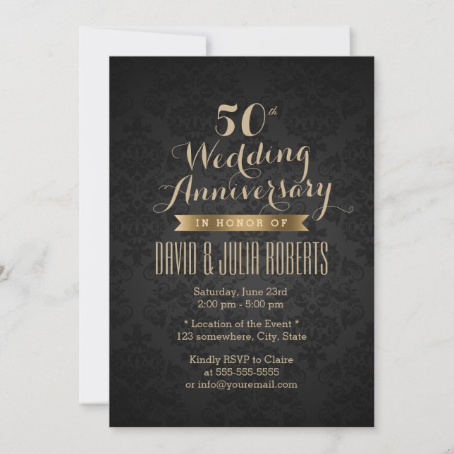 Invitación Clásico Aniversario de Bodas de 50 años Negro y Do (Anverso)