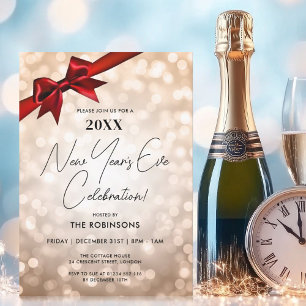 Invitación Clásico Año Nuevo Eve Fiesta Copper Bokeh Red Bow