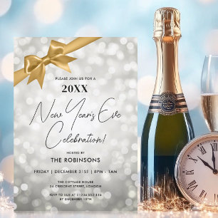 Invitación Clásico Año Nuevo Eve Fiesta Silver Bokeh Gold Bow