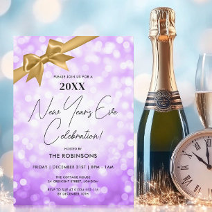 Invitación Clásico Año Nuevo Fiesta Purple Bokeh Gold Bow