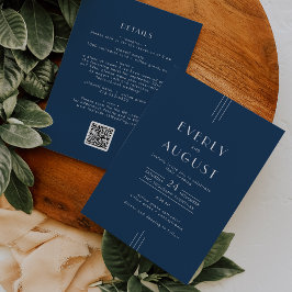 Invitación Clásico Art Deco Boda Código QR Azul Marino EVERLY