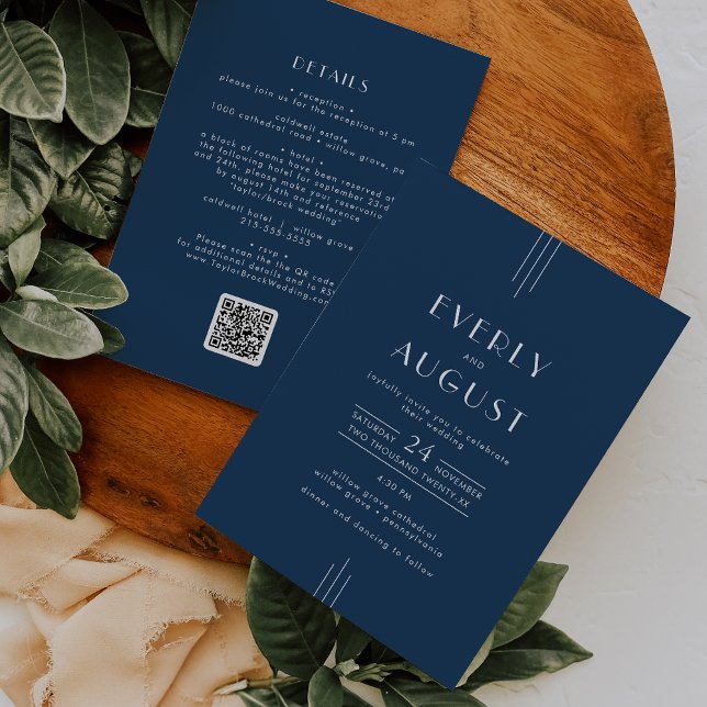 Invitación Clásico Art Deco Boda Código QR Azul Marino EVERLY (EVERLY Classic Art Deco Navy Blue QR Code Wedding Invitation)