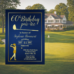 Invitación Clásico Azul Dorado Cumpleaños 60 de Mujer Golf 