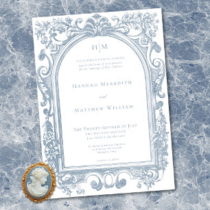 Invitación Clásico Azul Elegante Arco Floral Marco Boda