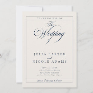 Invitación Clásico Azul Marino Marfil Caligrafía QR Boda
