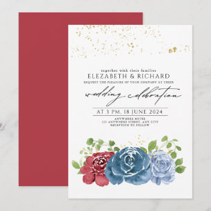 Invitación Clásico azul marino rojo floral verde bodas 