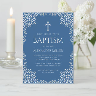 Invitación Clásico Azul Niño Bautizo Hojas de Plata Falsas Or