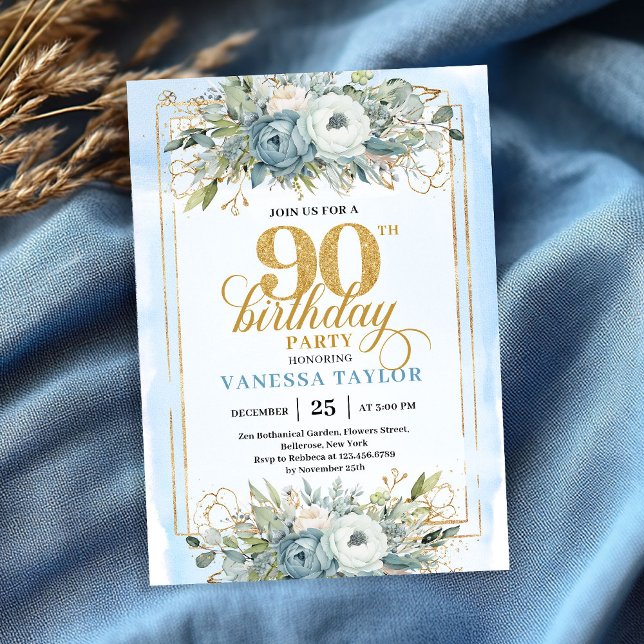 Invitación Clásico azul pastel dorado script cumpleaños 90  (Classic pastel blue gold script 90th birthday invitation)