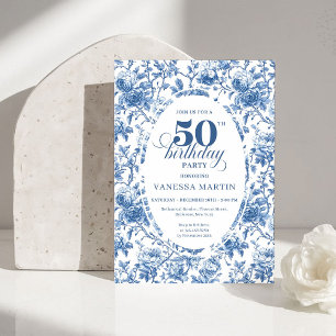 Invitación Clásico Azul Toile de Jouy Floral 50 Cumpleaños