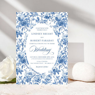 Invitación Clásico Azul Toile de Jouy Rosas Intemporales Boda