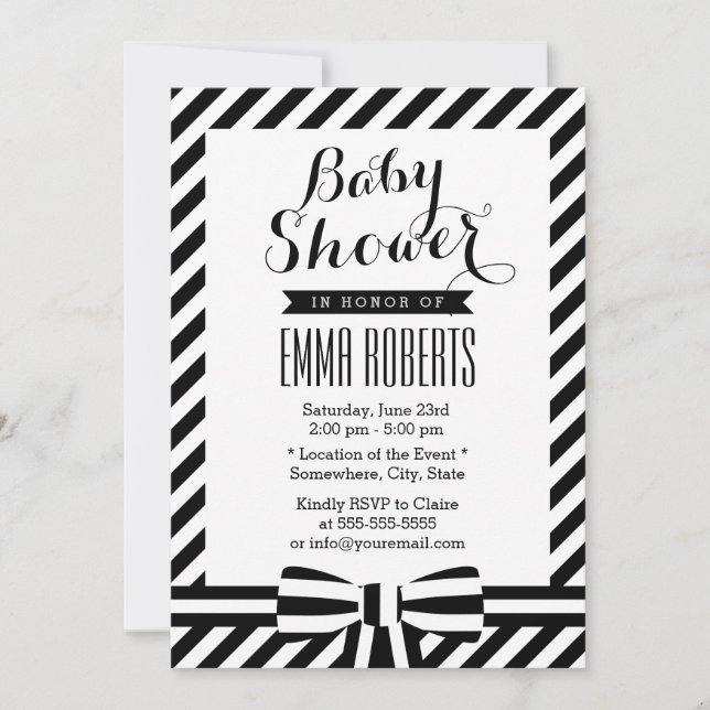 Invitación Clásico Baby Shower de franjas blanco y negro (Anverso)