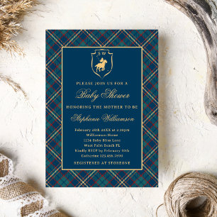 Invitación Clásico Baby Shower Ecuestre de Polo a Cuadros Azu