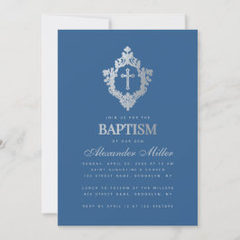 Invitación Clásico Baptismo Azul Niño Vintage Faux Silver Esc