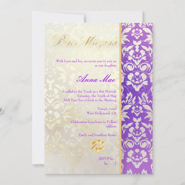 Invitación Clásico + Barco de Damasco elegante Mitzvah/Azul L (Anverso)