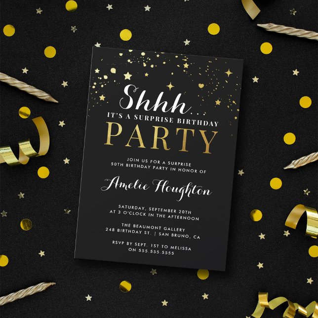 Invitación Clásico Black Gold Confetti Shhh... Fiesta sorpres (Subido por el creador)